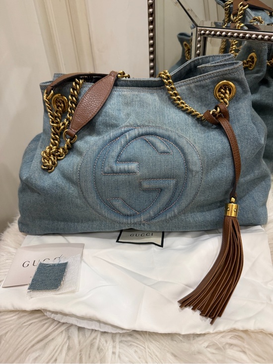 Gucci Handbags - Gucci Light Blue Denim Shoulder Bag with Brown Leather Tassel and Gold Chain